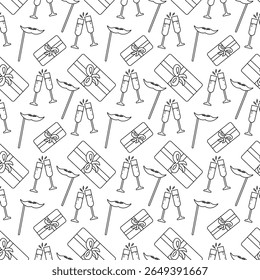 Seamless pattern with gifts, champagne glasses, mustache masks, outline style on white background. Perfect for birthday, party design, wrapping paper, cards, invitations, and packaging.