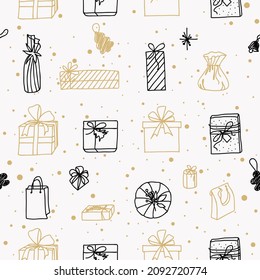 Patrón sin foco con regalos. Fondo de Navidad. Cajas de vacaciones hechas al estilo de los doodles adorables dibujados a mano.
