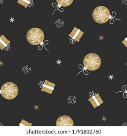 Seamless pattern with gifts and christmas balls on dark background. Perfect for holiday invitations, winter greeting cards, wallpaper and gift paper. Vector illustration in flat style.