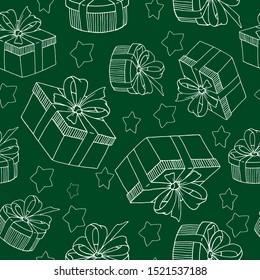 Seamless pattern, gifts for Christmas, black and white linear pattern