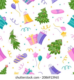 Seamless pattern with gifts, christmas trees, balloons and stars. Vector color illustration on the white background.