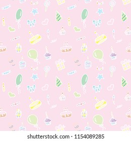 Seamless pattern with gifts, confetti, balloons, hearts