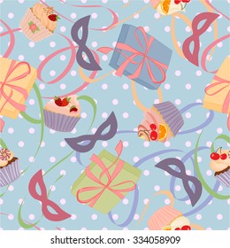 Seamless pattern with gifts, cupcakes and cakes.