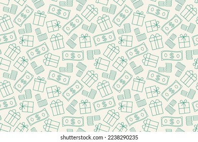 seamless pattern with gifts, dollar banknotes and coins; bonus, present, sale concept- vector illustration