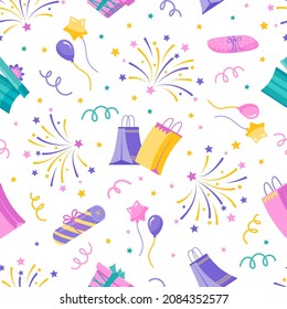 Patrón sin foco con regalos, fuegos artificiales, globos y estrellas. Ilustración de color vectorial en el fondo blanco.