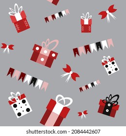 Seamless pattern with gifts, flags and bows on a New Year's theme.