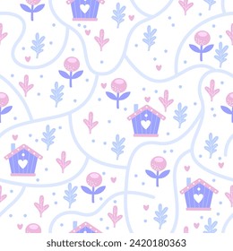 Seamless pattern with gifts and flowers. Can be printed on wrapping paper and fabric. Vector illustration