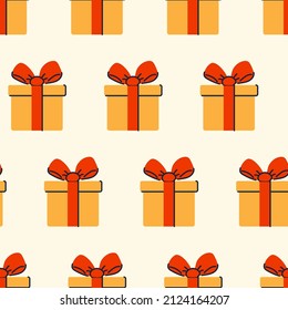 Seamless pattern with gifts. Geometric repetition of one box. Festive flat style design for packaging and print. Vector.