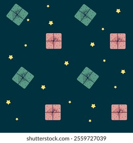  seamless pattern  with gifts and  golden  stars on a emerald color  background 