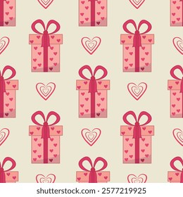 Seamless pattern with gifts and hearts. Fabric texture for Valentine's day, background with gifts and hearts. Romantic vector background for Valentine's day.