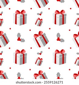 Seamless pattern with gifts and holly on a white background