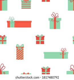 Seamless pattern with gifts. Illustration for banners, postcards, posters, greetings, fabrics, packaging. Christmas and New year. Red-green colors