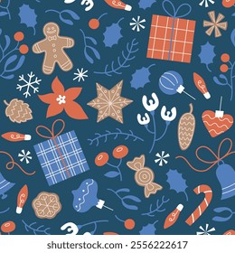 Seamless pattern with gifts, lollipops, candies, balls, baubles, gingerbread cookies. Vintage cute floral festive winter background.