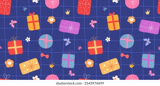 Seamless pattern with gifts on a background of lines, flowers, butterflies. Festive and cheerful print. Vector graphics.