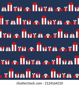 Seamless pattern with gifts on a blue background. White boxes with red bows in a linear ornament. Festive flat style design for packaging and print. Vector.