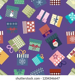 seamless pattern of gifts on bright purple background. vector illustration. gifts for the new year