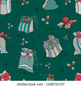 Seamless pattern with gifts on green background. Merry christmas seamless pattern. Hand drawn.vector