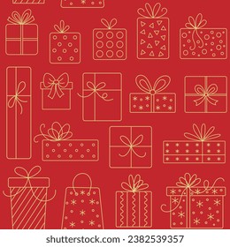 Seamless pattern of gifts on a red background. Print for wrapping paper or wallpaper. Vector illustration.