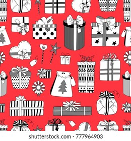Seamless pattern with gifts on a red background. Vector illustration.