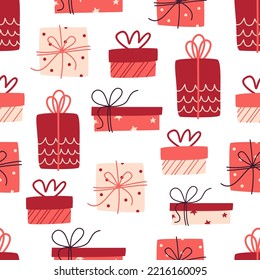 Seamless pattern with gifts on a white background. Vector template for weaving, packaging, paper. Cartoon design for christmas or birthday.