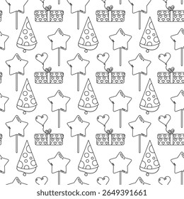 Seamless pattern with gifts, party hats, star wands, outline style on white background. Perfect for birthday, party design, wrapping paper, cards, invitations, and packaging.