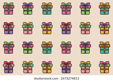 Seamless pattern with gifts. Pixel art - multicolored gift boxes on a beige background. Vector background.