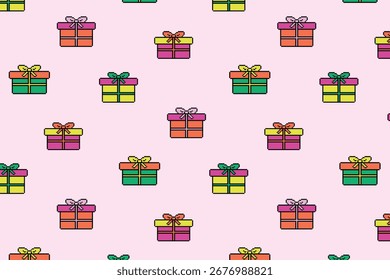Seamless pattern with gifts. Pixel art - multicolored gift boxes on a pink background. Vector background.