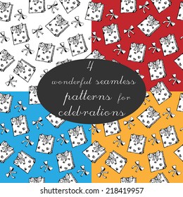 Seamless pattern with gifts and presents for celebration. Use it for wrapping paper design, cards design, background. Hand drawn elements. 