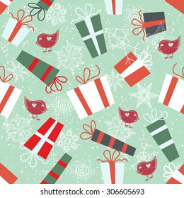 seamless pattern with gifts, snowflakes and birds