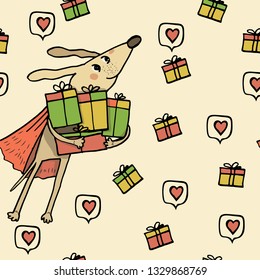 Seamless pattern. Gifts for superhero dogs. Surprises, holiday, packaging, background. Hand drawing for your design. For your backgrounds, websites, banners, postcards.