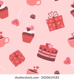 Seamless pattern with gifts, sweets, cupcake and coffee. Valentine's day, happy birthday print. Perfect for wrapping paper, bakery decoration, shop decor