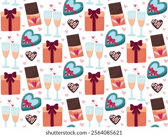 Seamless pattern with gifts, sweets, glasses of wine, chocolate and hearts. Hand drawn background on the theme of St. Valentine's Day