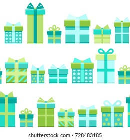 seamless pattern with gifts. turquoise, blue and green present boxes on white background. vector Illustration. holiday shopping wallpaper. good for paper, textile and wrapping