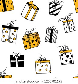 Seamless pattern of gifts. Vector cartoon background. Hand-drawn style.