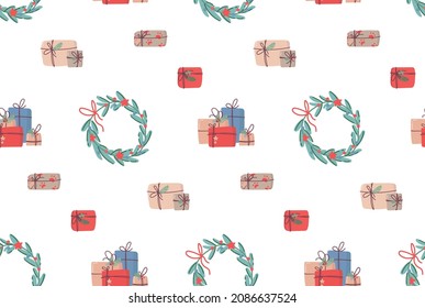 Seamless Сhristmas pattern with gifts and wreaths. Vector holiday packaging in flat style