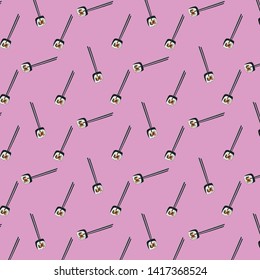 Seamless pattern with gimbap slices in chopsticks on a pink background. Korean sushi or roll. Korean traditional dish gimbap. Vector hand drawn illustration for your cafe.
