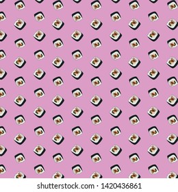 Seamless pattern with gimbap slices on pink background. Korean sushi or roll. Korean traditional dish gimbap. Vector hand drawn illustration for your business.