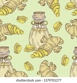 Seamless pattern with ginger and bottle of ginger essential oil. Cosmetic, perfumery and medical plant. Vector hand drawn
