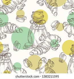 Seamless pattern with ginger and bottle of ginger essential oil. Cosmetic, perfumery and medical plant. Vector hand drawn