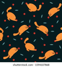 Seamless pattern ginger cartoon cats playing with red Christmas balls and sweets. Funny cute new year christmas print for wrapping paper, card, textile, clothes. Vector illustration on dark background