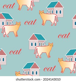 Seamless pattern of ginger cats and houses on a light green background for textiles. The inscription cat in red letters.