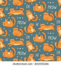 seamless pattern ginger cats on a blue background and text lettering