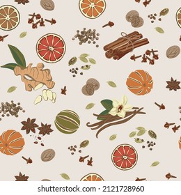 Seamless pattern ginger, cinnamon, cloves, cardamom, vanilla, dried, oranges, star anise, nutmeg, sweet peas colorful seasoning set.