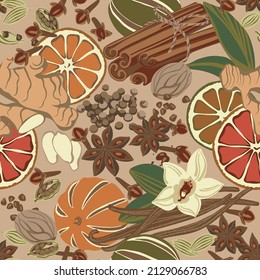 Seamless pattern ginger, cinnamon, cloves, cardamom, vanilla, dried, oranges, star anise, nutmeg, sweet peas colorful seasoning set.