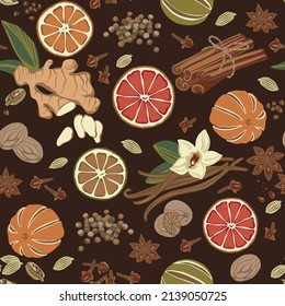 Seamless pattern ginger, cinnamon, cloves, cardamom, vanilla, dried, oranges, star anise, nutmeg, sweet peas colorful seasoning set.