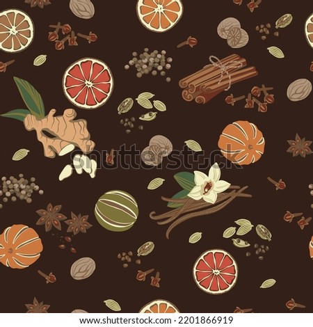 Seamless pattern ginger, cinnamon, cloves, cardamom, vanilla, dried, oranges, star anise, nutmeg, sweet peas colorful seasoning set.