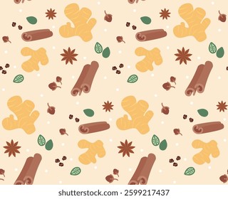 Seamless Pattern of Ginger, Cinnamon Sticks, and Star Anise on Beige Background