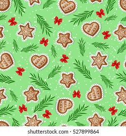 Seamless pattern of ginger cookies, bows and fir branches.