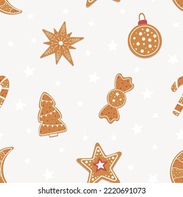 Seamless pattern with ginger cookies in flat style - star, candy, new years tree, toys, christmas candy