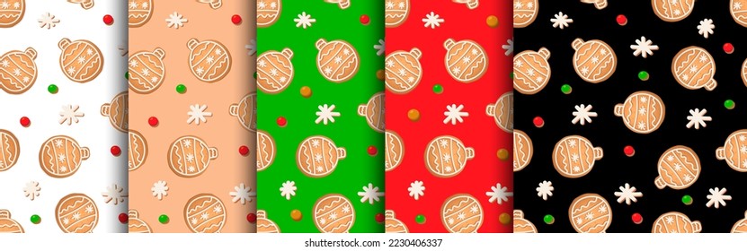 Seamless pattern with ginger cookies. Gingerbread snowflake, christmas ball